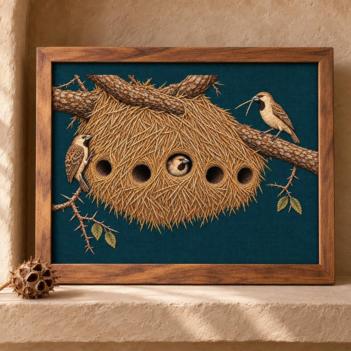 Sociable Weaver embroidery design shown in a digital mockup of A dark teal embroidered textile panel mounted in a raw acacia frame, frame standing on a mud-plaster niche shelf, one seedpod outside the frame. Study 30.