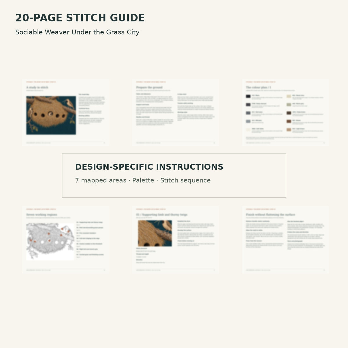 Protected page overview of the 20-page Sociable Weaver stitch guide, including its numbered map, suggested palette and working sequence.