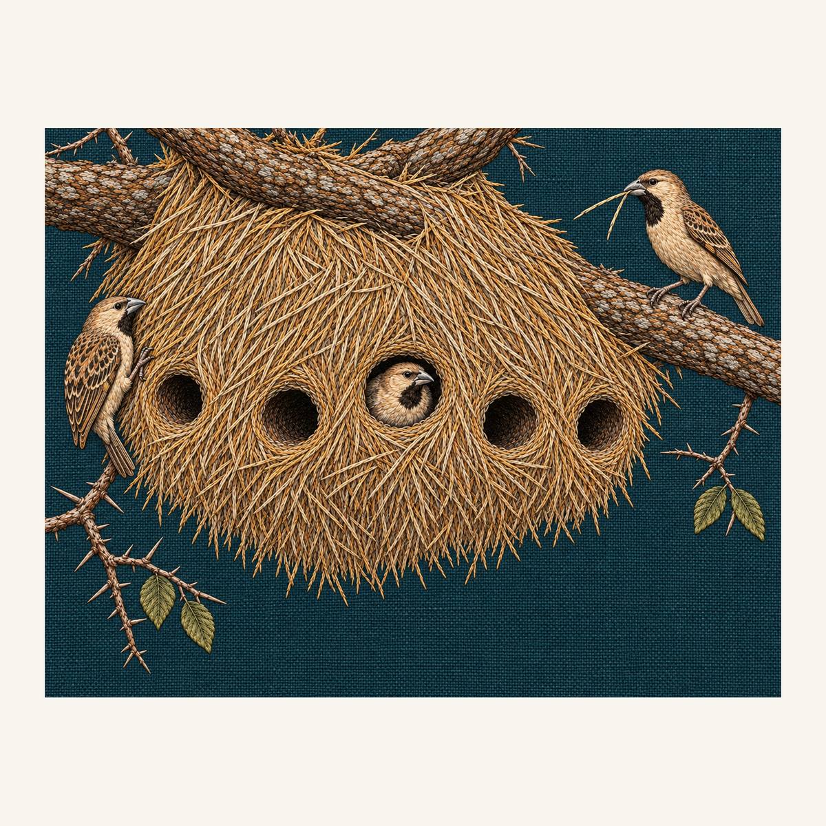 Digital embroidery reference showing three sociable weavers at a shared nest on deep indigo-green linen, landscape composition.