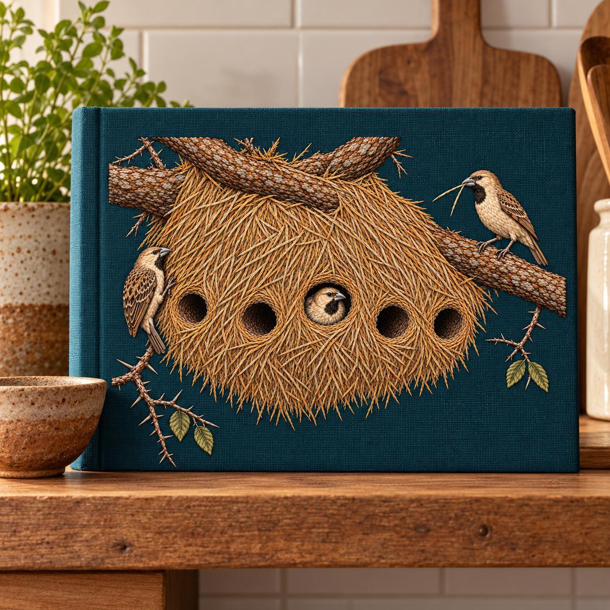 Sociable Weaver embroidery design in a digital mockup of A deep indigo-green embroidered fabric cover on a closed communal-recipe binder, landscape binder standing on a kitchen shelf, small clay bowl to one side, no writing. Placement inspiration for Study 30.