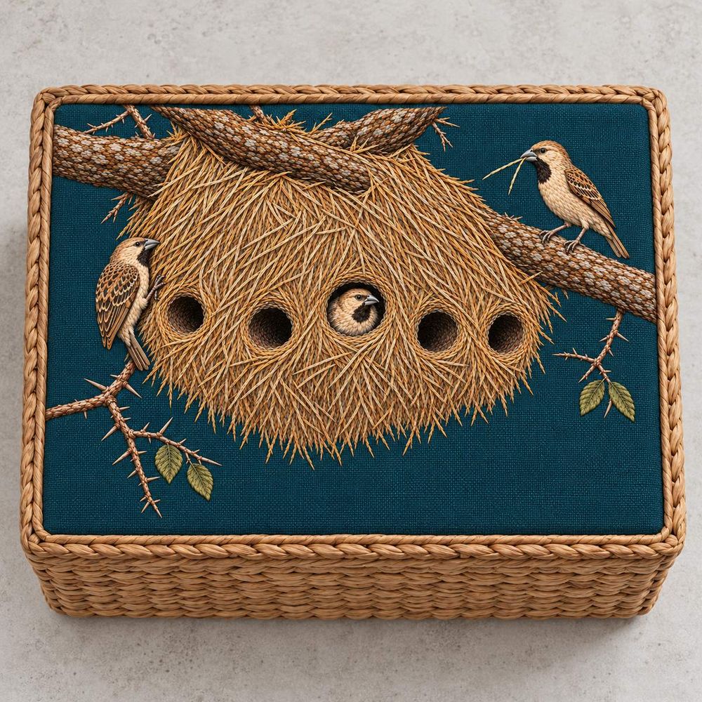 Sociable Weaver embroidery design in a digital mockup of A rectangular flat-topped woven storage basket with a taut embroidered linen lid inset, photographed overhead on pale concrete, no contents or props hiding the roof motif. Placement inspiration for Study 30.