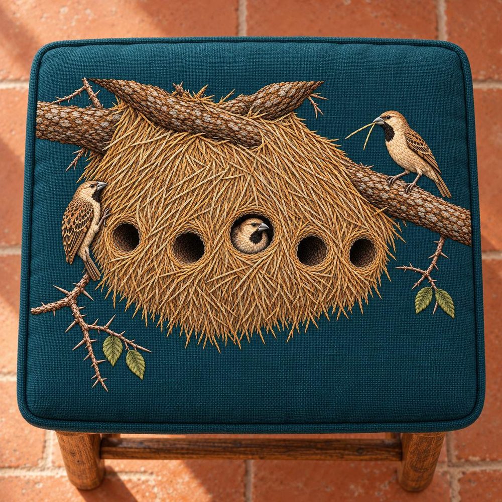 Sociable Weaver embroidery design in a digital mockup of A indigo-green padded bench cushion for a small single stool, viewed nearly overhead with the complete landscape design facing the camera, warm terracotta tiled floor. Placement inspiration for Study 30.