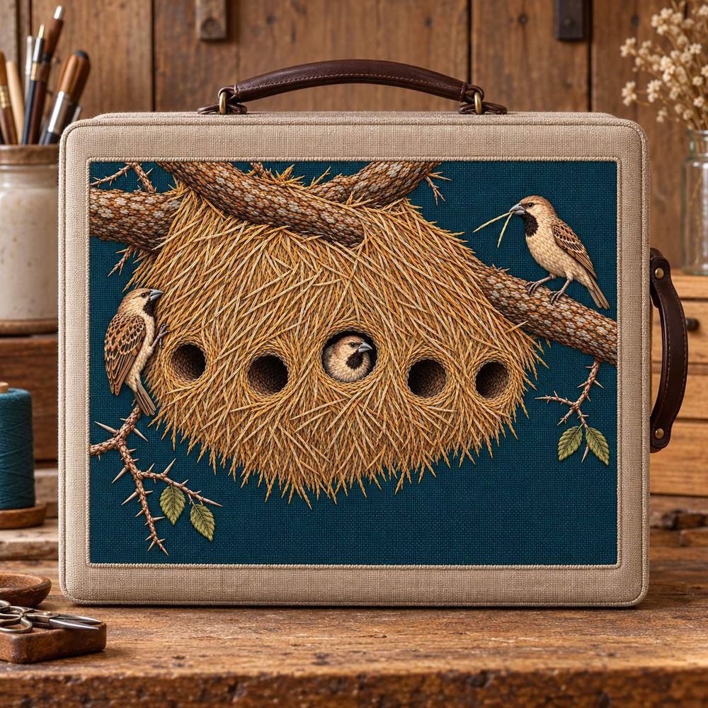 Sociable Weaver embroidery design in a digital mockup of A rigid landscape linen craft case, embroidery on front, dark leather side handle outside the panel, closed case upright against a workshop wall. Placement inspiration for Study 30.