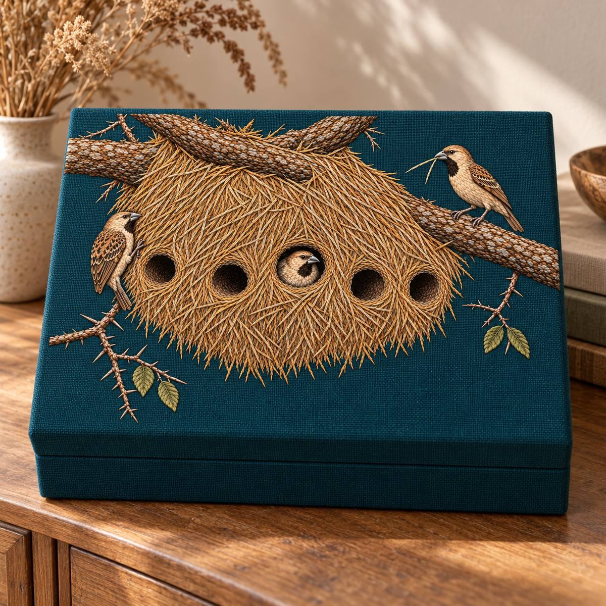 Sociable Weaver embroidery design in a digital mockup of A rectangular textile-covered family memory box, embroidered lid facing camera at a slight angle, no hinges across design, intimate sideboard setting with dried grasses far behind. Placement inspiration for Study 30.