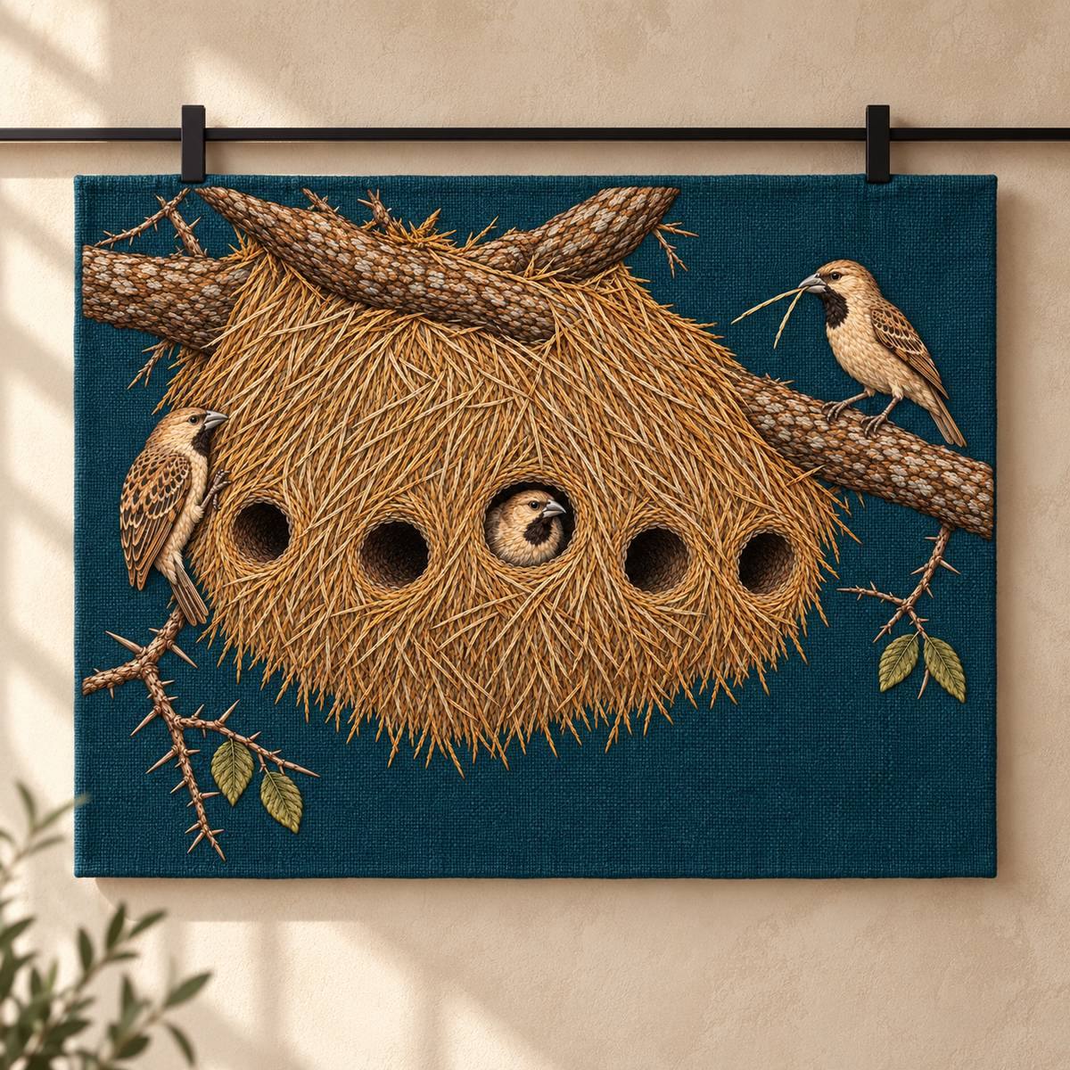 Sociable Weaver embroidery design in a digital mockup of A horizontal fabric wall panel clipped to a simple narrow black gallery rail, clips outside the motif, soft daylight against warm beige limewash. Placement inspiration for Study 30.