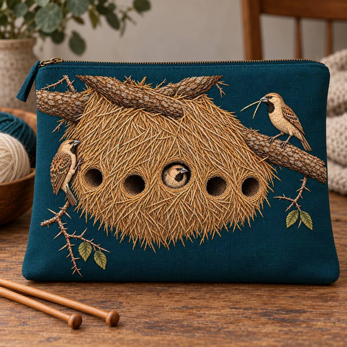 Sociable Weaver embroidery design in a digital mockup of A deep teal landscape zip pouch for knitting materials, flat front with embroidery, top zip above the panel, two wooden needles lying beside it, none crossing image. Placement inspiration for Study 30.
