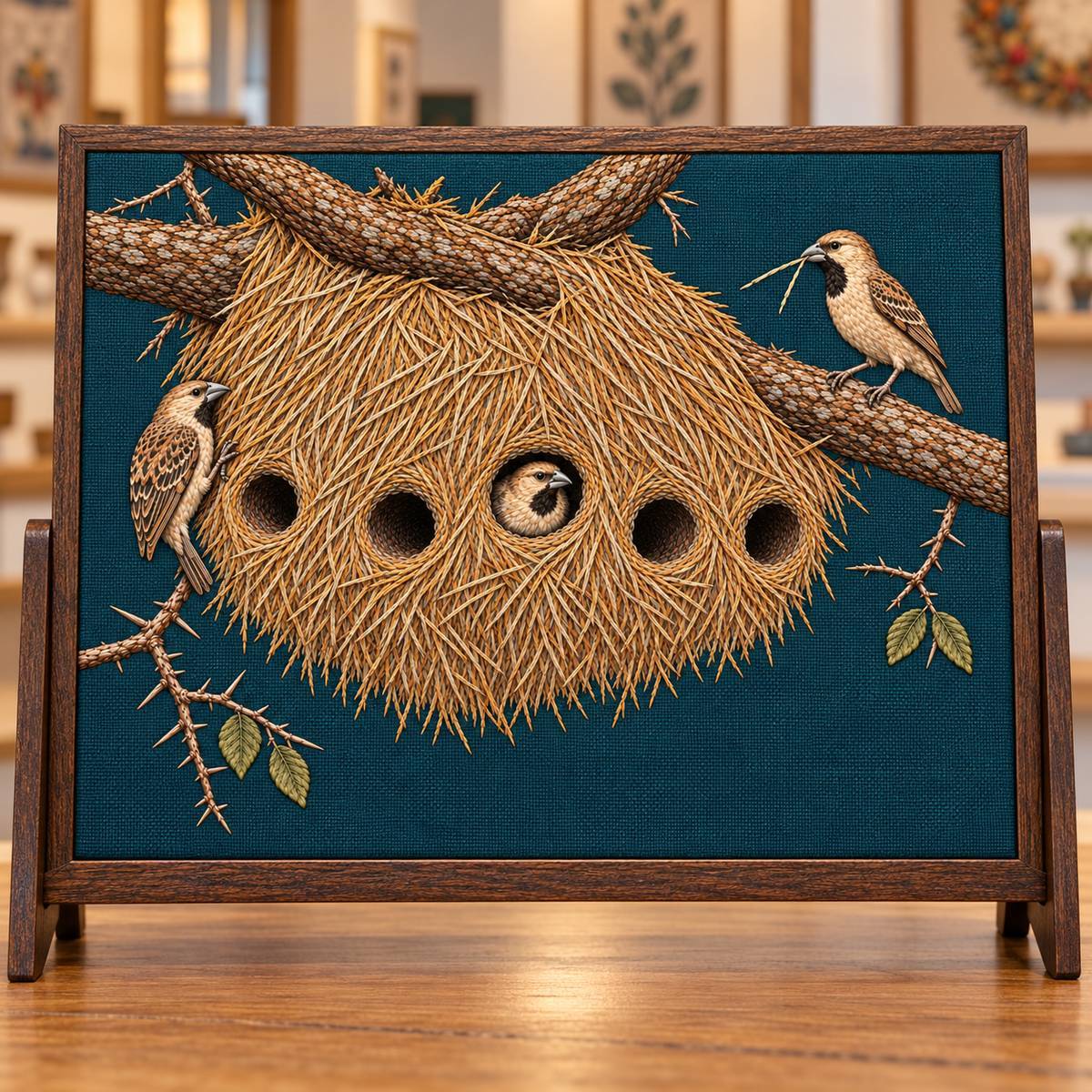 Sociable Weaver embroidery design in a digital mockup of A embroidered fabric insert in a small folding tabletop display stand of dark stained oak, nearly frontal photograph in a craft gallery, one unobstructed panel. Placement inspiration for Study 30.