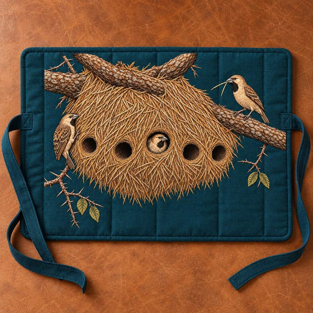 Sociable Weaver embroidery design in a digital mockup of A landscape padded camera-equipment wrap fully opened flat with embroidered exterior facing up, straps extending beyond the rectangle, overhead view on a tan leather worktop. Placement inspiration for Study 30.