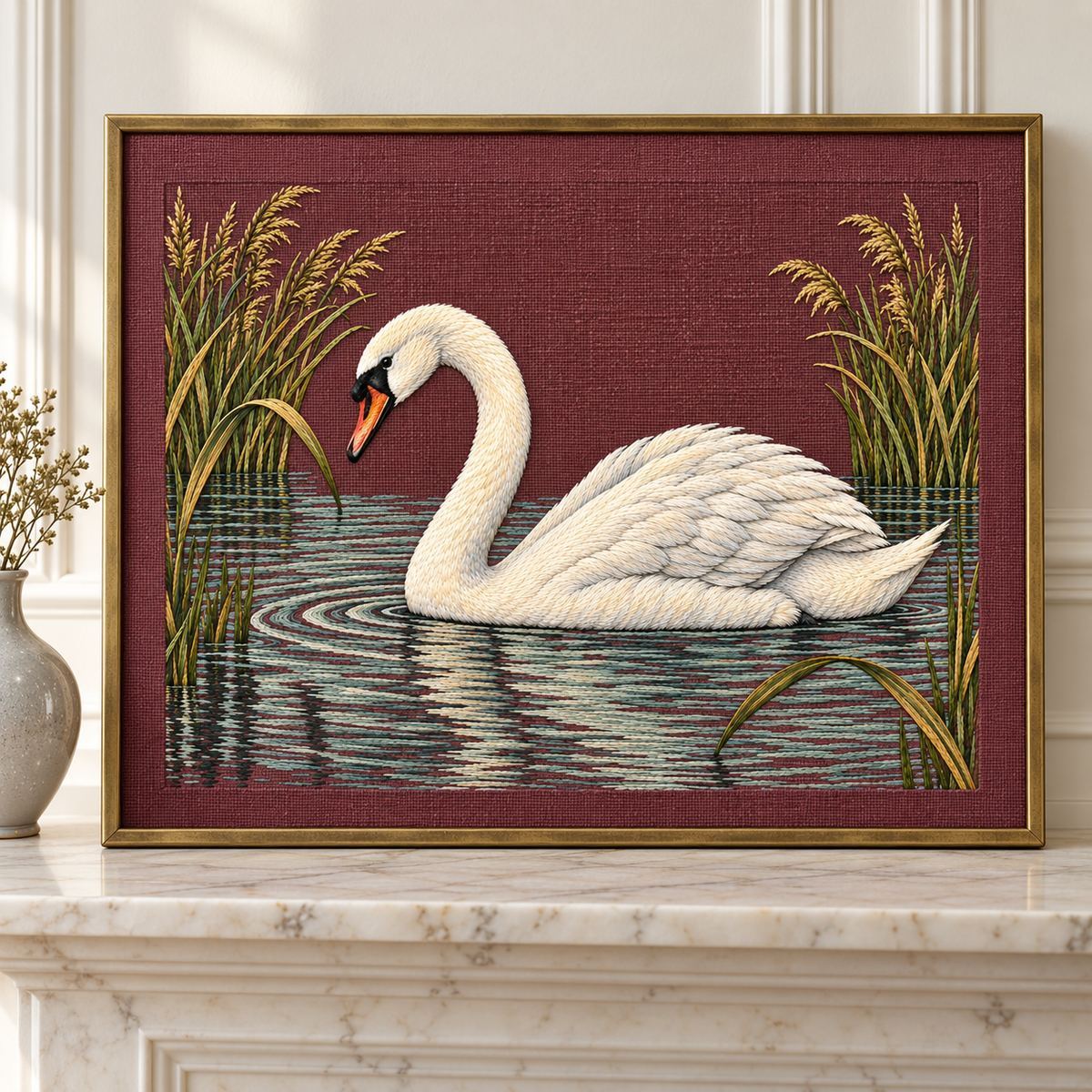 Mute Swan embroidery design shown in a digital mockup of A landscape copper-plum embroidery framed in narrow antique brass, standing on a pale marble mantel, one small pearl-grey vase well outside the picture. Study 31.