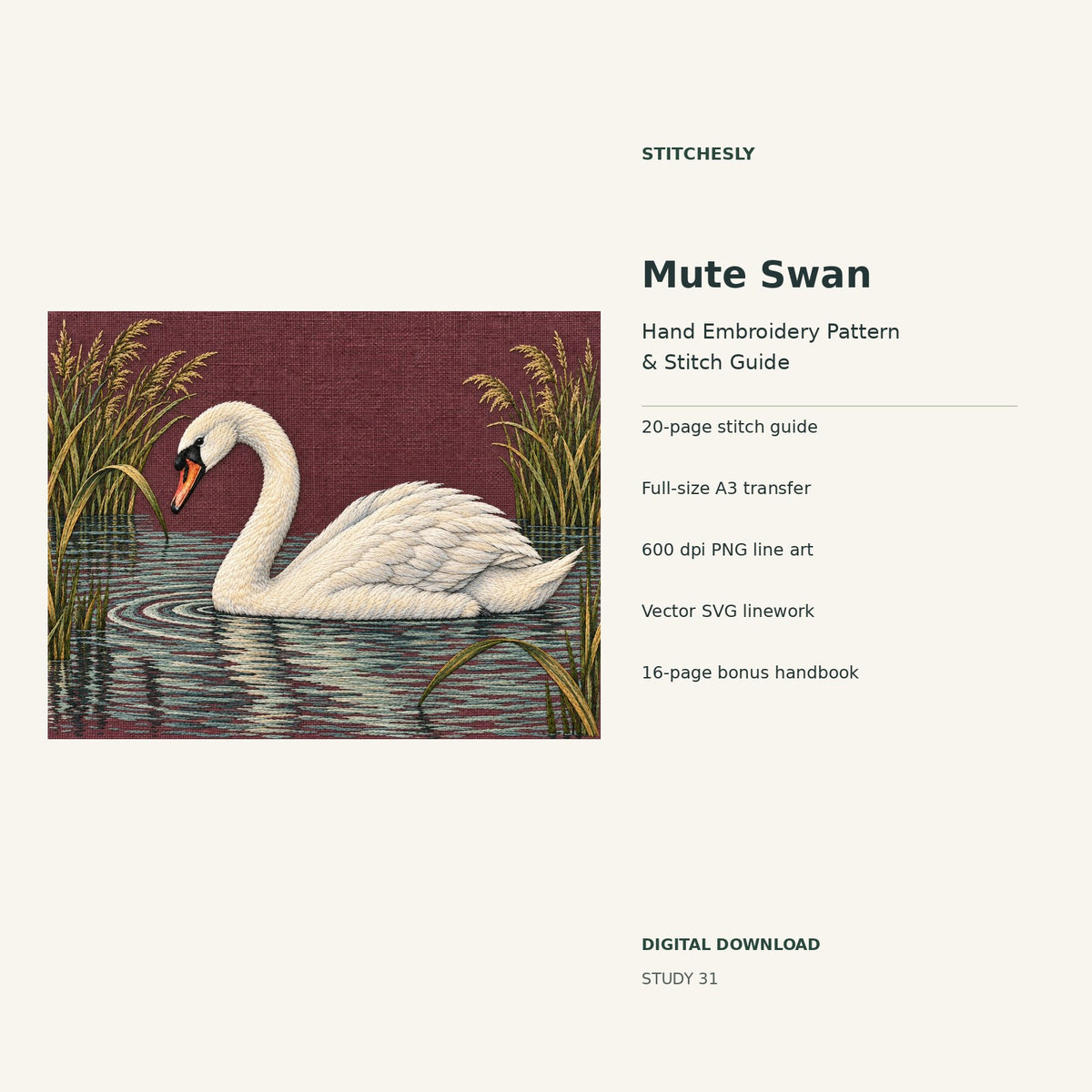 Mute Swan hand embroidery digital package cover showing the reference artwork and included guide, transfer, PNG, SVG and bonus handbook.