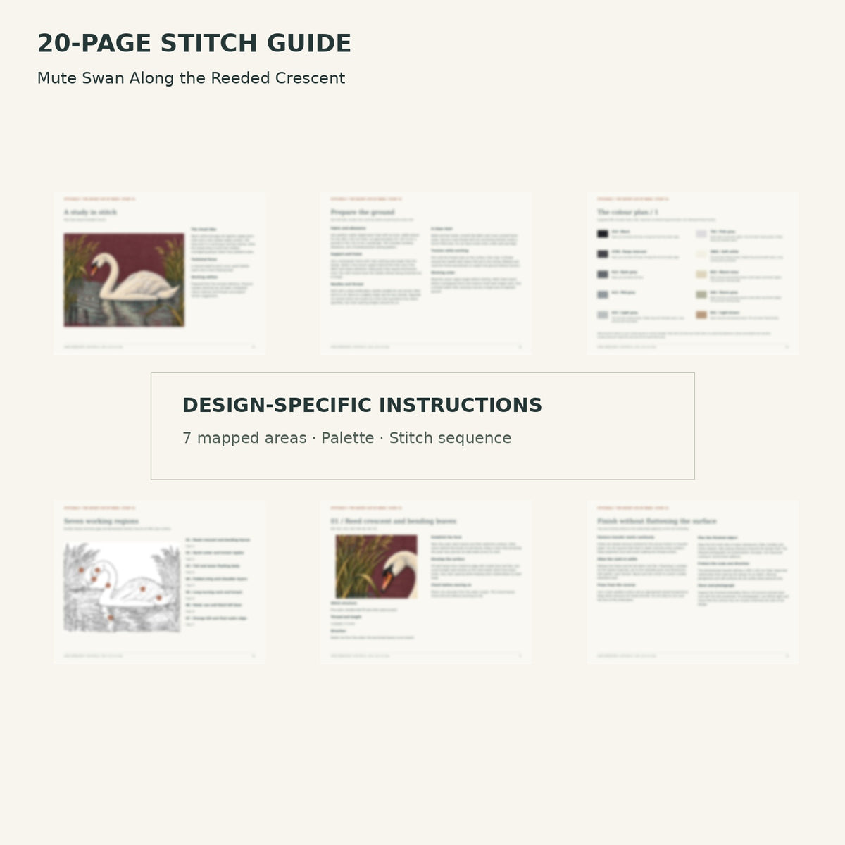 Protected page overview of the 20-page Mute Swan stitch guide, including its numbered map, suggested palette and working sequence.