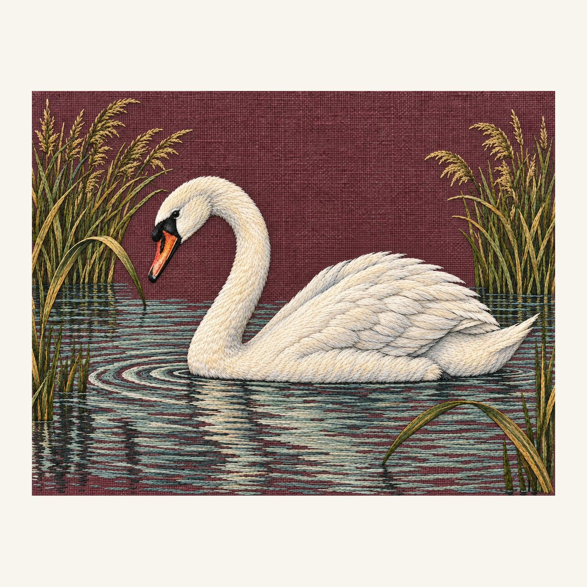 Digital embroidery reference showing a mute swan beside crescent-shaped reeds on copper-plum linen, landscape composition.