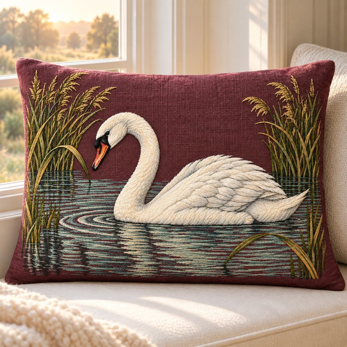 Mute Swan embroidery design in a digital mockup of A copper-plum rectangular linen cushion on an ivory window seat, swan faces left, soft dawn light, flat modest filling keeps the motif proportional. Placement inspiration for Study 31.