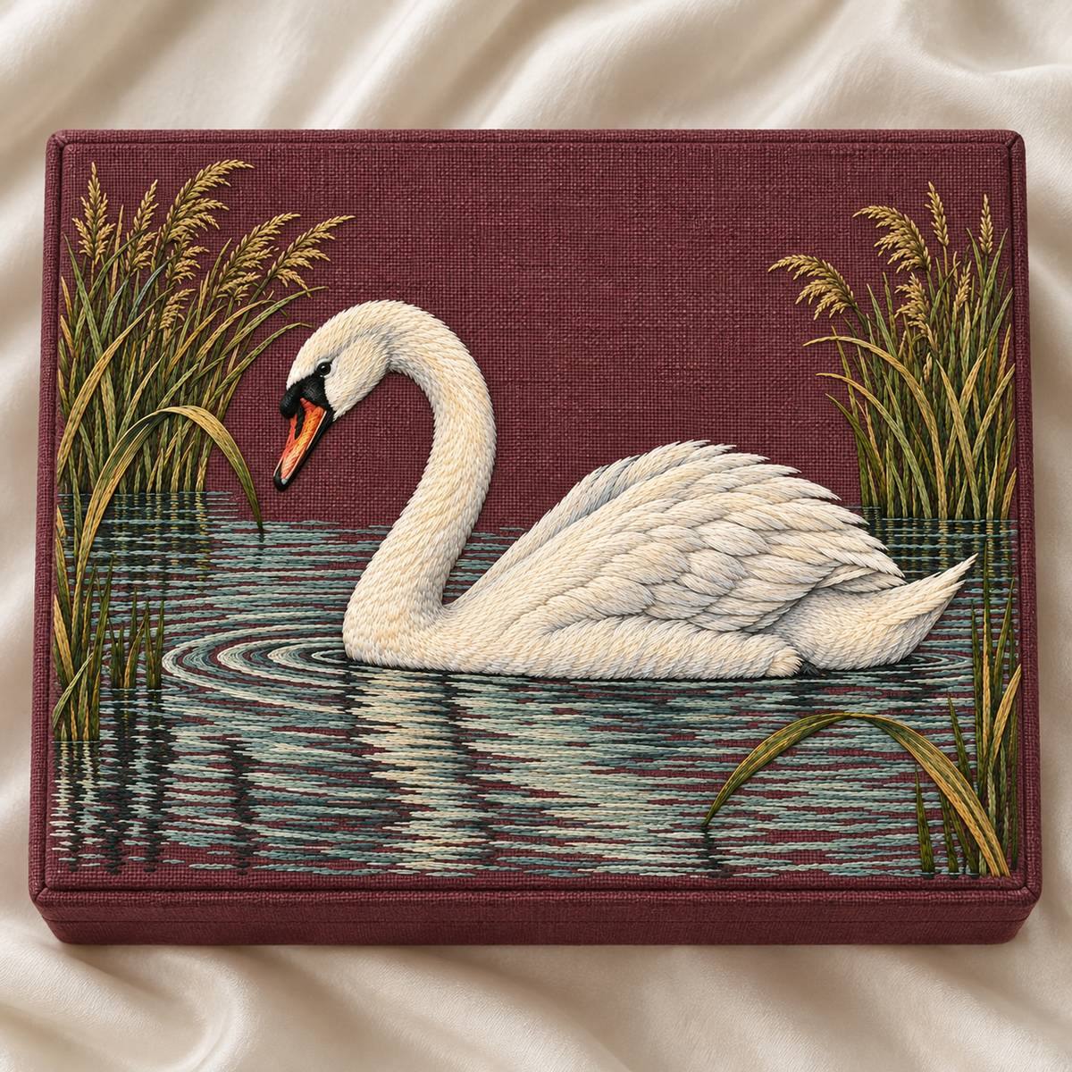 Mute Swan embroidery design in a digital mockup of A flat embroidered linen lid on a shallow bridal keepsake box, overhead composition on ivory silk, no ribbons crossing the swan, subtle natural light. Placement inspiration for Study 31.
