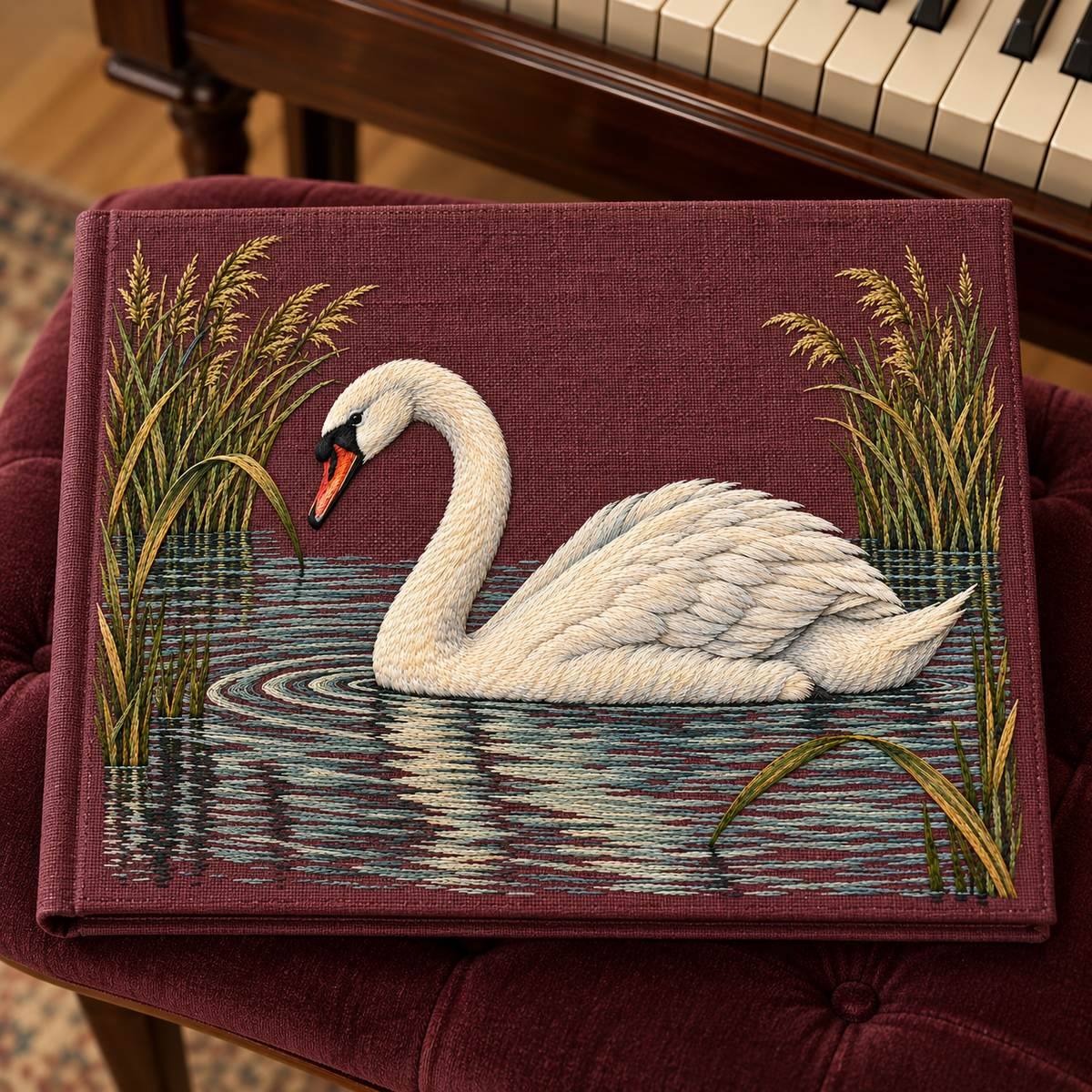 Mute Swan embroidery design in a digital mockup of A landscape music-score folio in copper-plum linen closed on a small piano bench, embroidery on cover, cropped piano edge in background, no readable music. Placement inspiration for Study 31.