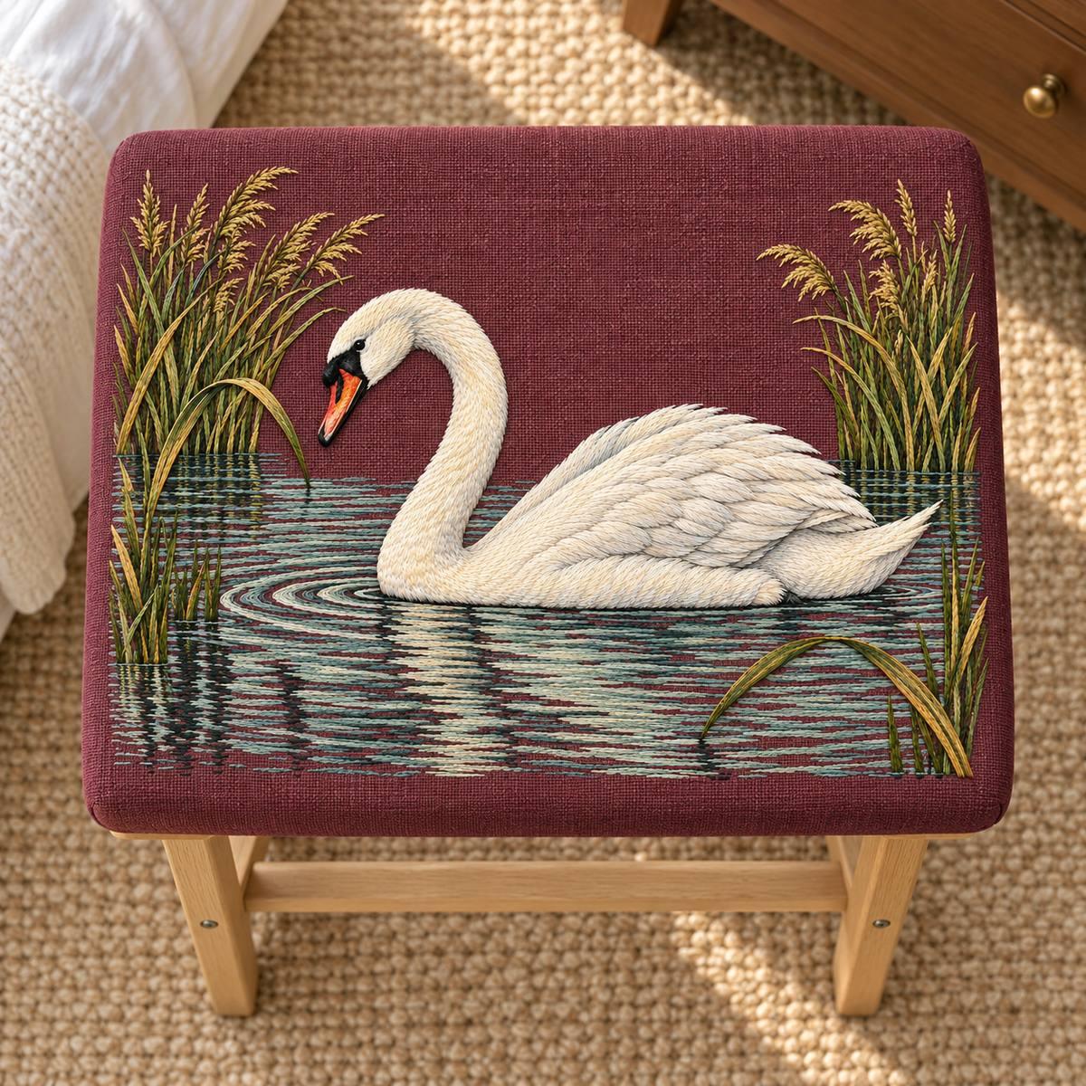 Mute Swan embroidery design in a digital mockup of A rectangular copper-plum textile panel on a small folding bedroom stool, upholstered top seen near overhead, no distortion or clipping, pale oak legs. Placement inspiration for Study 31.