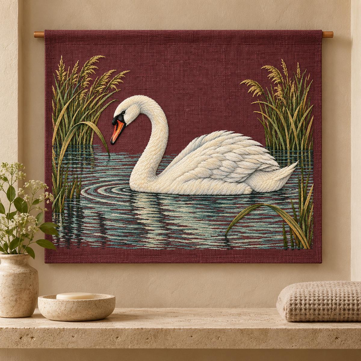 Mute Swan embroidery design in a digital mockup of A copper-plum linen wall hanging with discreet stitched top sleeve on a slim dowel, straight flat panel above a small travertine shelf, calm bathroom dressing alcove. Placement inspiration for Study 31.