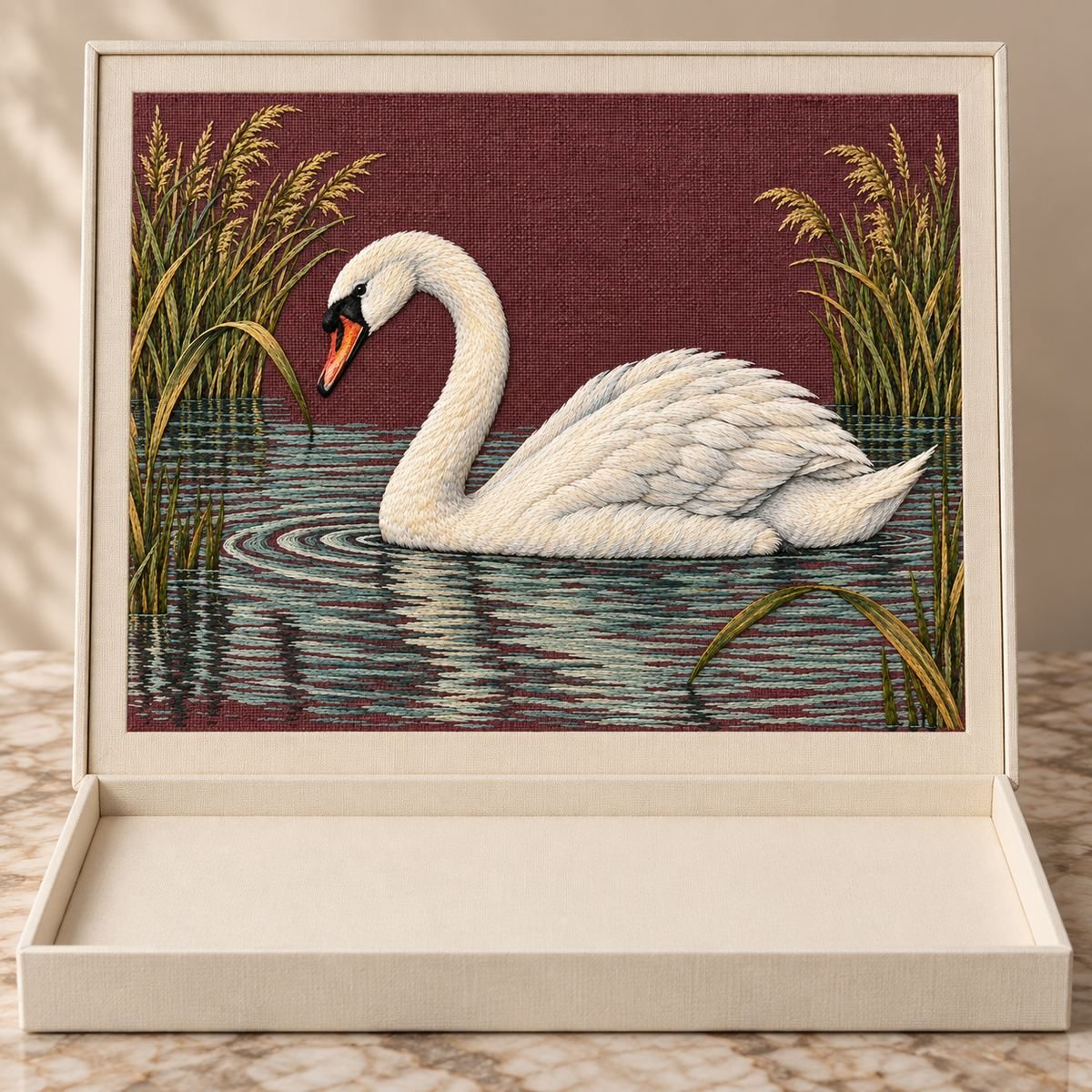 Mute Swan embroidery design in a digital mockup of A copper-plum embroidered panel mounted in a cream bookcloth presentation case opened upright, lid is the panel and base lies below, no hardware or folds within art. Placement inspiration for Study 31.