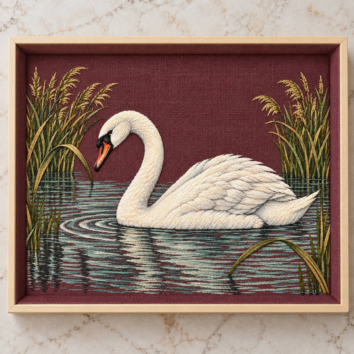 Mute Swan embroidery design in a digital mockup of A rectangular cloth-covered vanity tray with the design on a protected flat textile base, tray empty, nearly overhead photograph, thin pale wood rim outside artwork. Placement inspiration for Study 31.