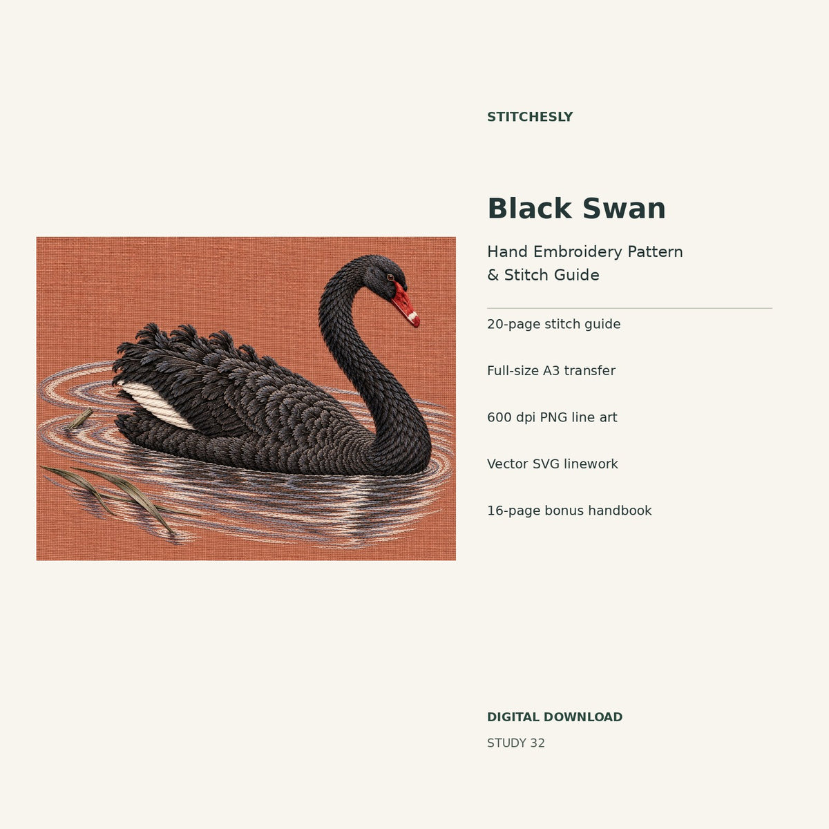 Black Swan hand embroidery digital package cover showing the reference artwork and included guide, transfer, PNG, SVG and bonus handbook.