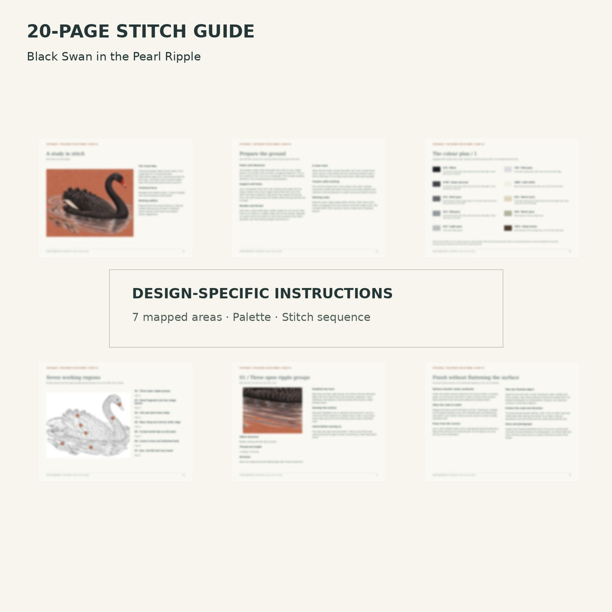Protected page overview of the 20-page Black Swan stitch guide, including its numbered map, suggested palette and working sequence.