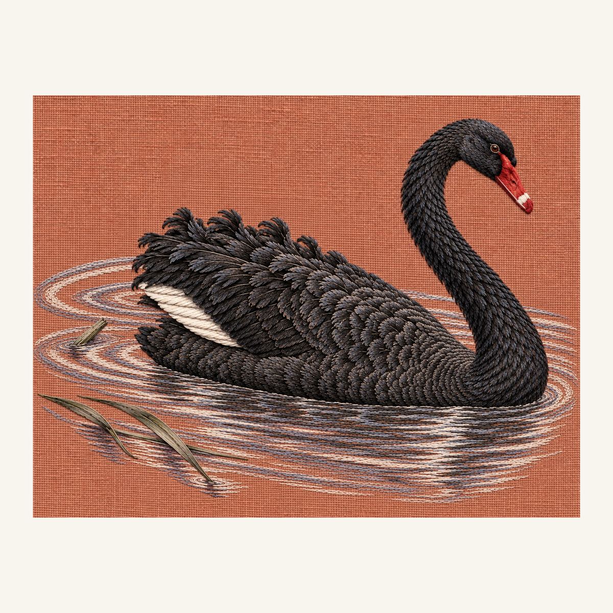 Digital embroidery reference showing a black swan with pearl-coloured ripples on smoky terracotta linen, landscape composition.