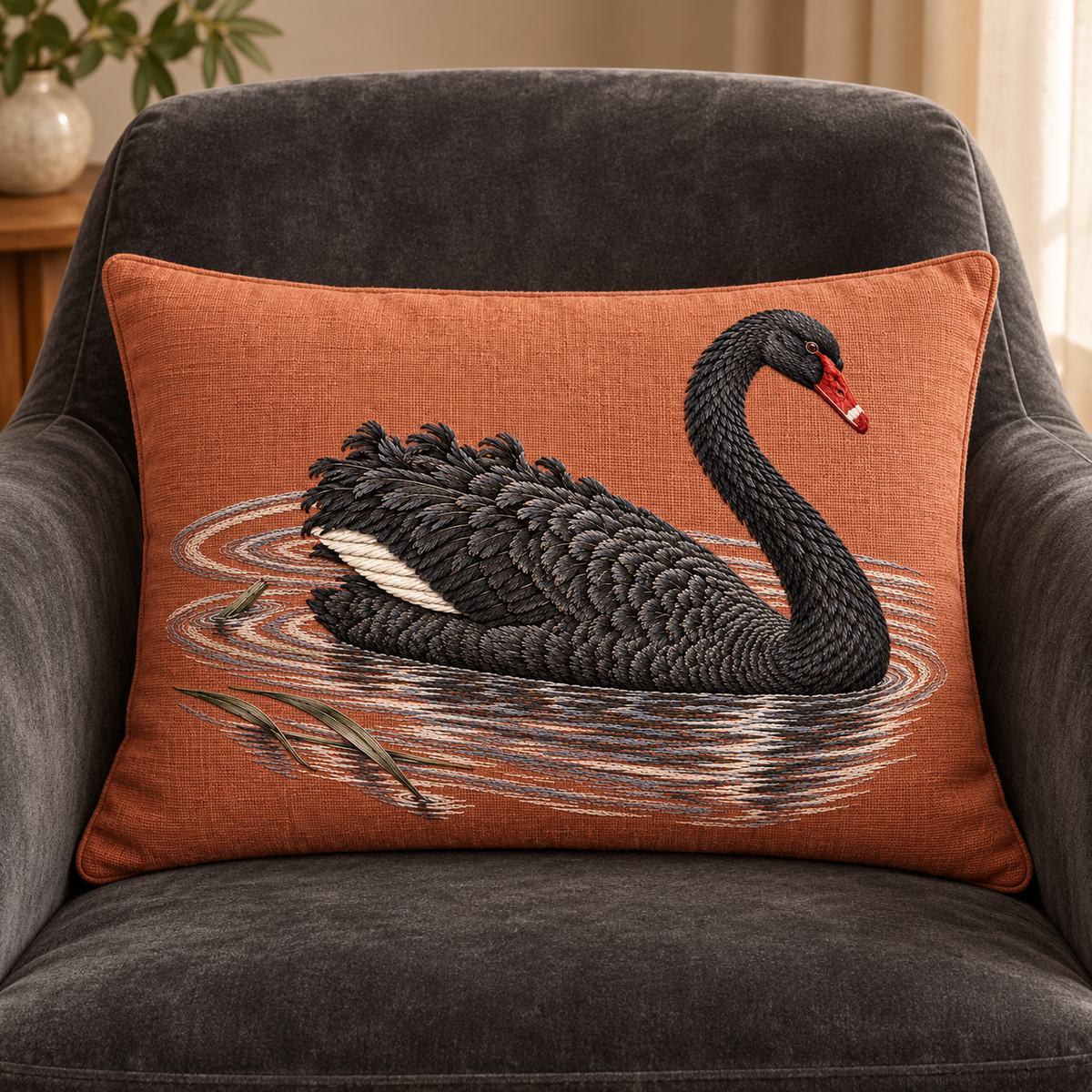 Black Swan embroidery design in a digital mockup of A terracotta embroidered lumbar cushion on a graphite velvet reading chair, subtle flat stuffing, swan faces right, no pattern elsewhere. Placement inspiration for Study 32.