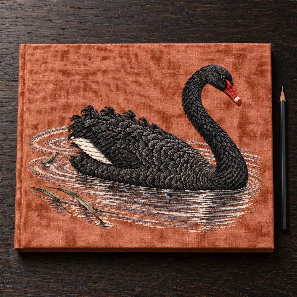 Black Swan embroidery design in a digital mockup of A rigid terracotta linen exhibition portfolio closed on a black oak desk, landscape motif on cover, a plain charcoal pencil beside it, nearly overhead camera. Placement inspiration for Study 32.