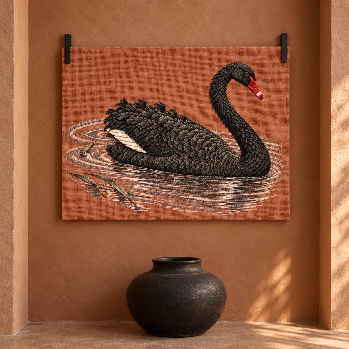 Black Swan embroidery design in a digital mockup of A horizontal terracotta textile wall panel held by two slender black battens, hanging above a black ceramic floor vessel kept below panel, intimate plaster alcove. Placement inspiration for Study 32.