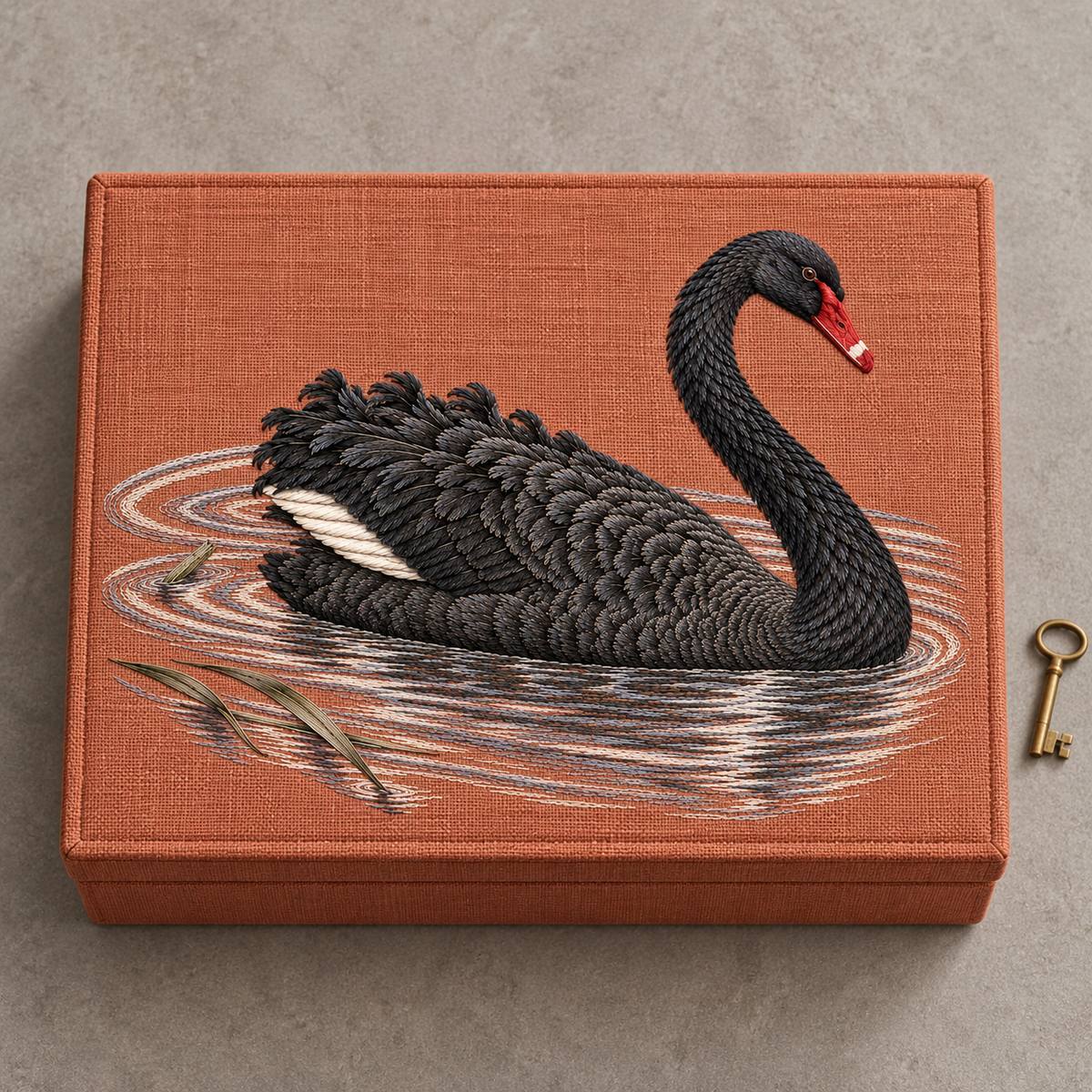 Black Swan embroidery design in a digital mockup of A shallow rectangular terracotta linen storage box with embroidery on its flat lid, seen overhead on a warm grey tabletop, small unlabeled brass key to the side. Placement inspiration for Study 32.