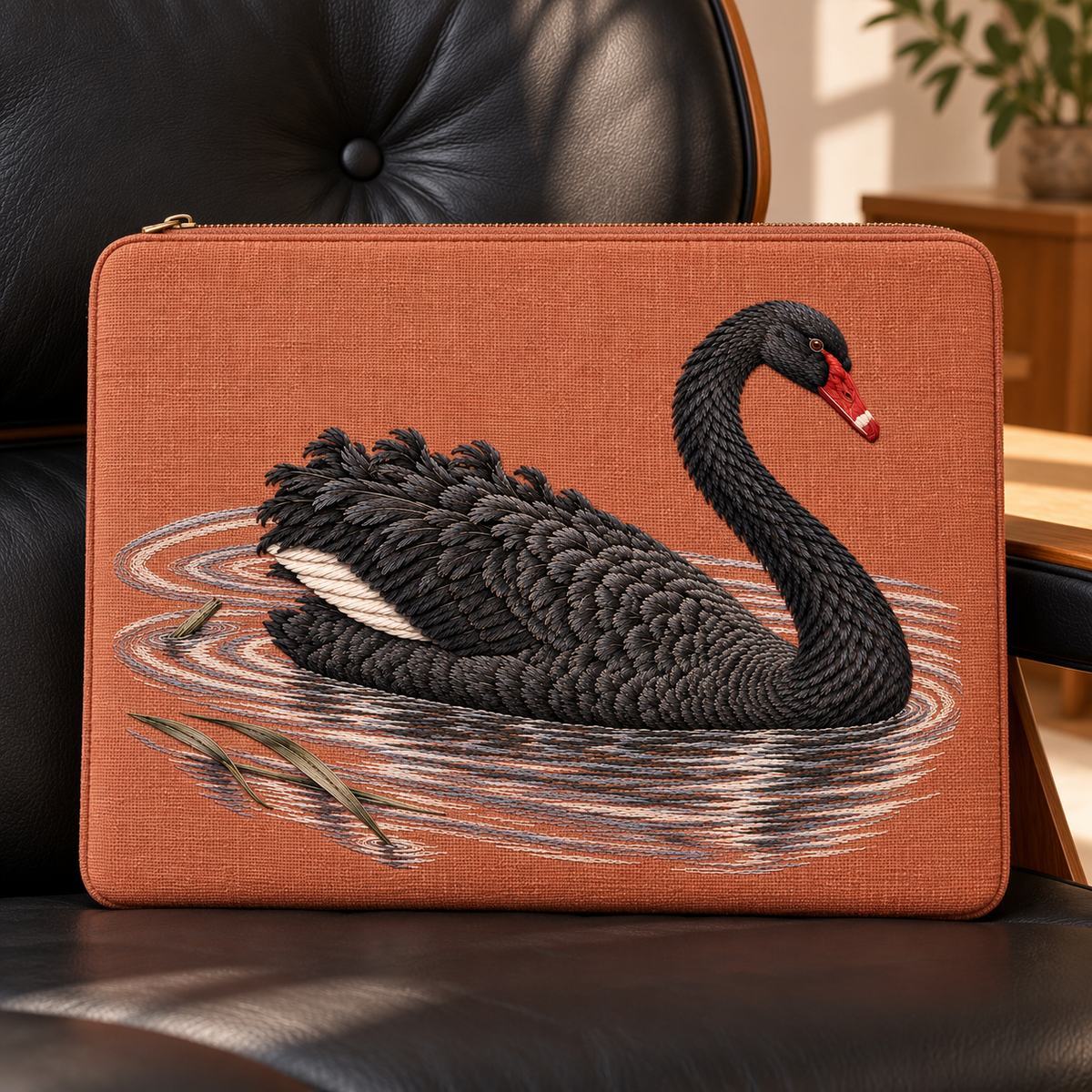 Black Swan embroidery design in a digital mockup of A terracotta zippered laptop-style folio with full embroidery on its flat front, zipper only at top edge, resting upright against a black leather lounge chair. Placement inspiration for Study 32.