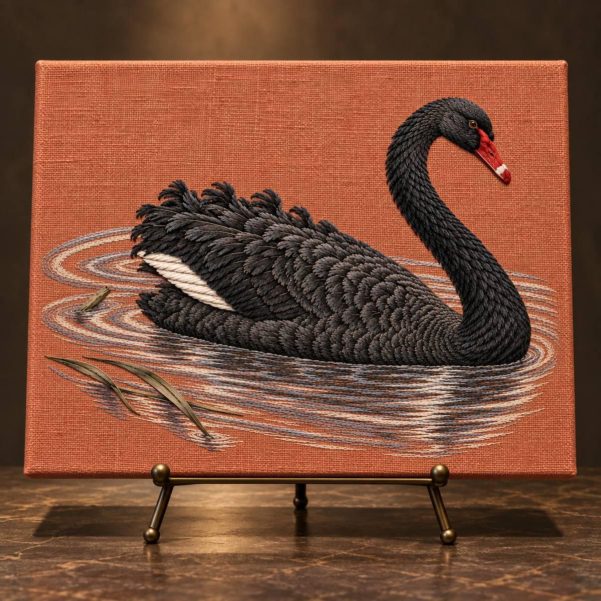 Black Swan embroidery design in a digital mockup of A embroidered linen presentation board on a small metal tabletop easel, warm museum lighting and deep neutral backdrop, full swan and ripples unobstructed. Placement inspiration for Study 32.