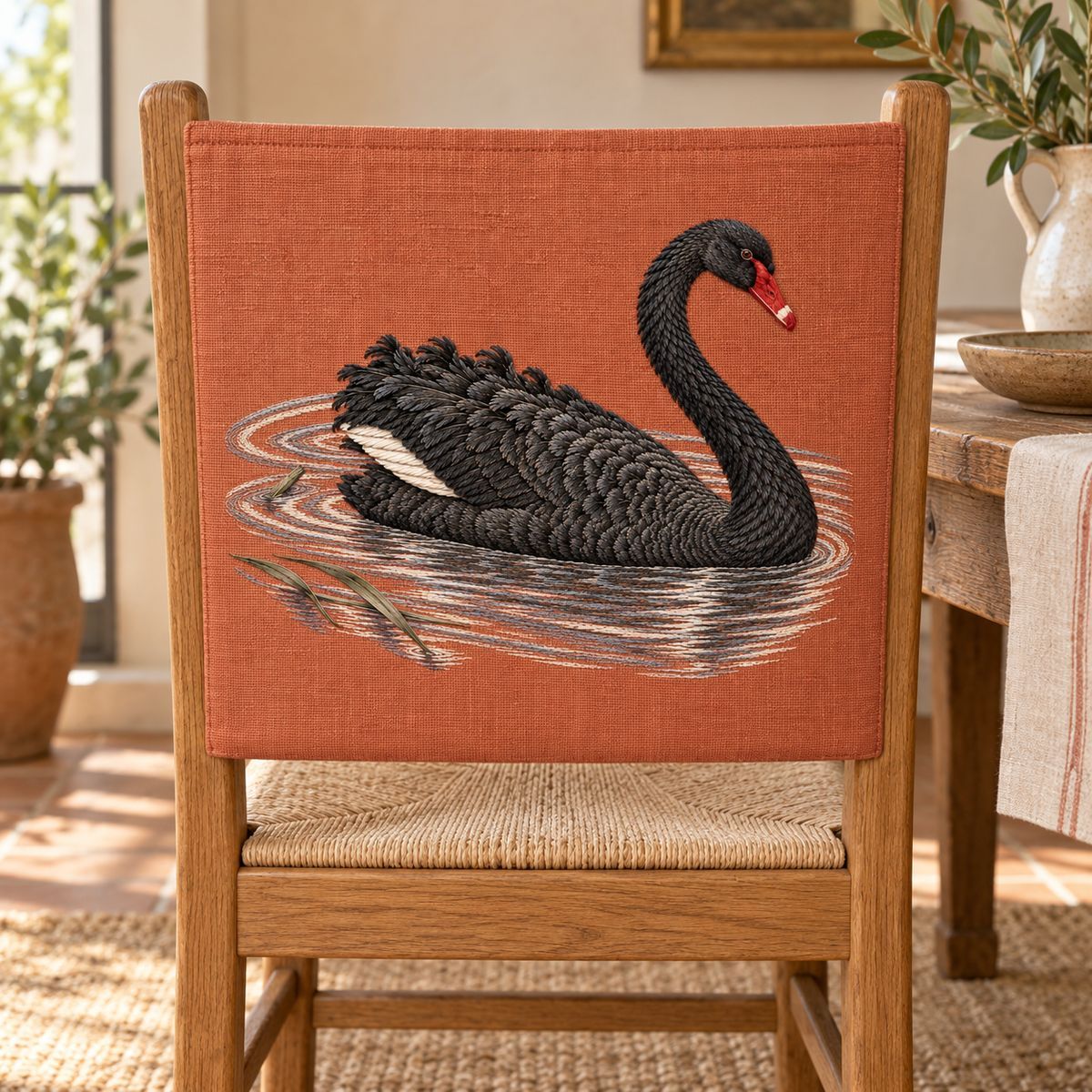 Black Swan embroidery design in a digital mockup of A terracotta linen chair-back slip panel on a small straight-backed oak dining chair, landscape design centered on flat rectangular section, ties outside frame, intimate dining corner. Placement inspiration for Study 32.