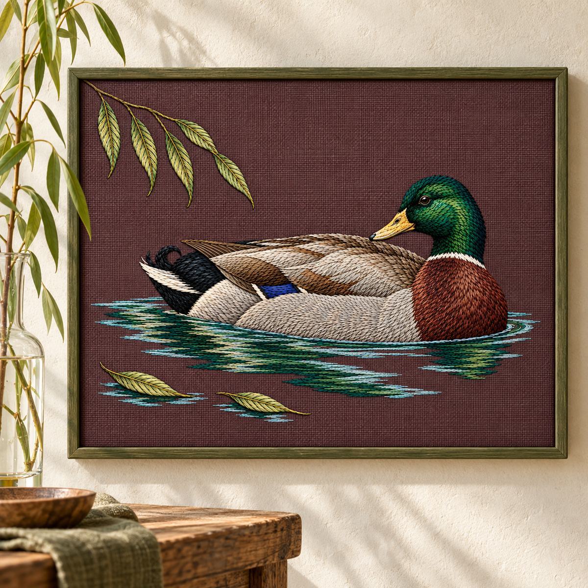 Mallard embroidery design shown in a digital mockup of Flat wine linen panel stretched in a thin green-painted oak tray frame, hung on a cream limewash wall beside a willow cutting in a narrow glass outside frame; frontal close photograph. Study 33.