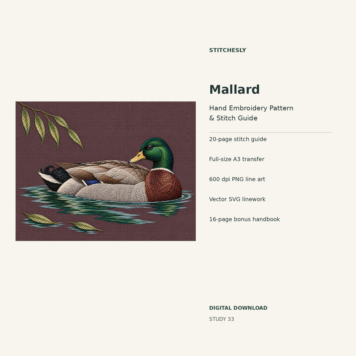 Mallard hand embroidery digital package cover showing the reference artwork and included guide, transfer, PNG, SVG and bonus handbook.