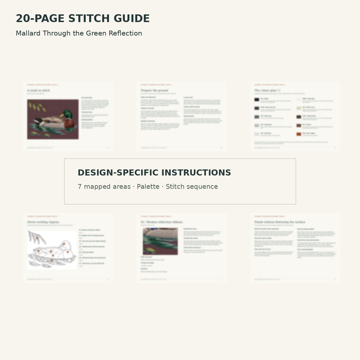 Protected page overview of the 20-page Mallard stitch guide, including its numbered map, suggested palette and working sequence.