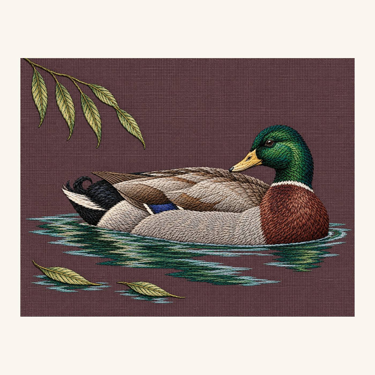 Digital embroidery reference showing a mallard turning above its reflection on muted wine-grey linen, landscape composition.