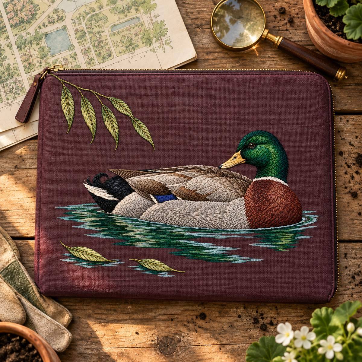 Mallard embroidery design in a digital mockup of broad landscape wine linen zip folio on a potting desk, overhead view, a folded blank garden map and brass magnifier beside it; motif upright with head on right looking left. Placement inspiration for Study 33.