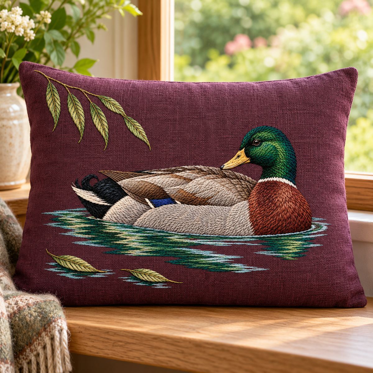 Mallard embroidery design in a digital mockup of flat rectangular wine linen cushion on a simple oak window bench overlooking softly blurred garden, front-on product-focused crop; shallow padding prevents distortion. Placement inspiration for Study 33.