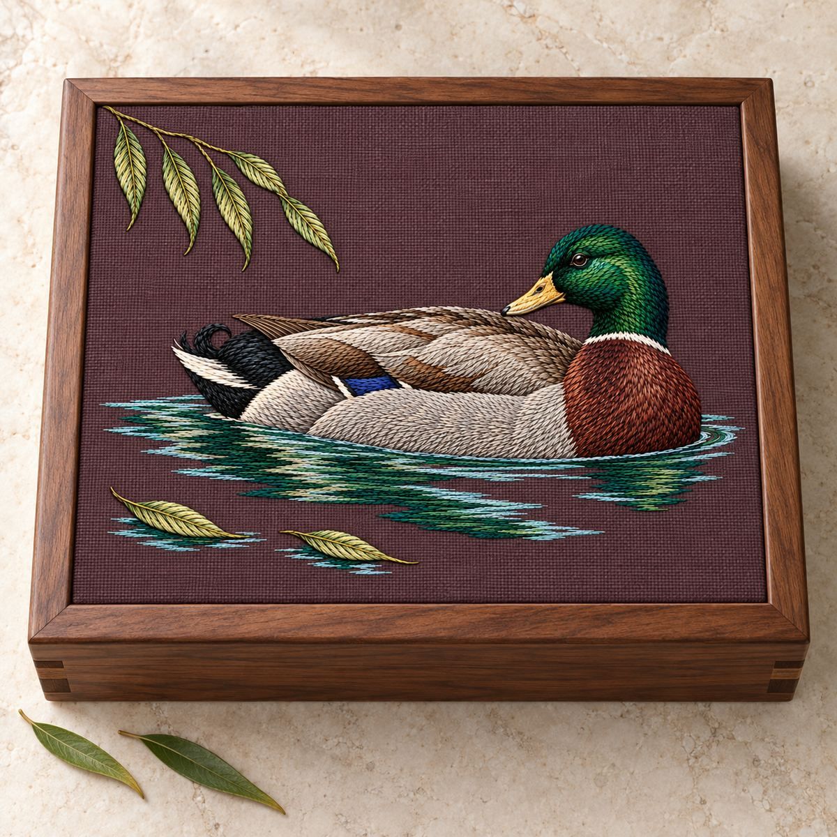 Mallard embroidery design in a digital mockup of closed walnut keepsake box with inset wine linen embroidered lid, overhead view on cream stone, two tiny willow leaves outside box. Placement inspiration for Study 33.