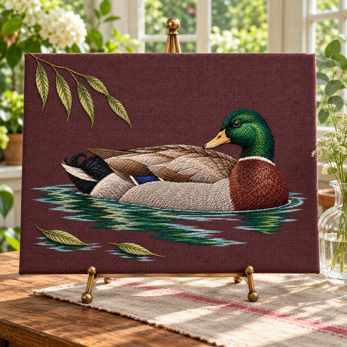 Mallard embroidery design in a digital mockup of wine linen removable display panel on a small tabletop brass easel, front-on at a conservatory worktable, empty glass vase at side. Placement inspiration for Study 33.