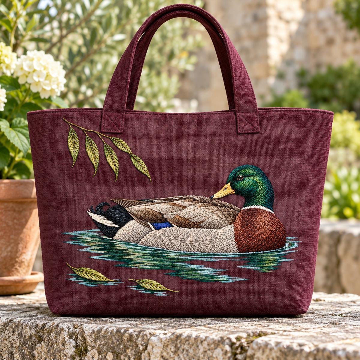 Mallard embroidery design in a digital mockup of wide shallow market satchel, wine linen front panel with exact motif, handles entirely above design; satchel stands on a stone ledge, frontal view. Placement inspiration for Study 33.