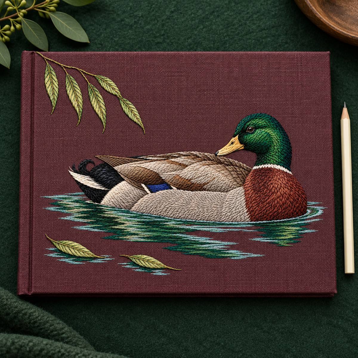 Mallard embroidery design in a digital mockup of horizontal textile album cover in wine linen, lying closed with hinge at left, overhead on dark green felt and one cream pencil alongside. Placement inspiration for Study 33.