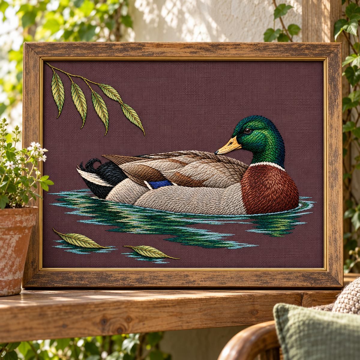 Mallard embroidery design in a digital mockup of horizontal wine linen framed embroidery sitting on a pine shelf in a garden reading nook, near-frontal close view, small worn terracotta pot outside artwork. Placement inspiration for Study 33.