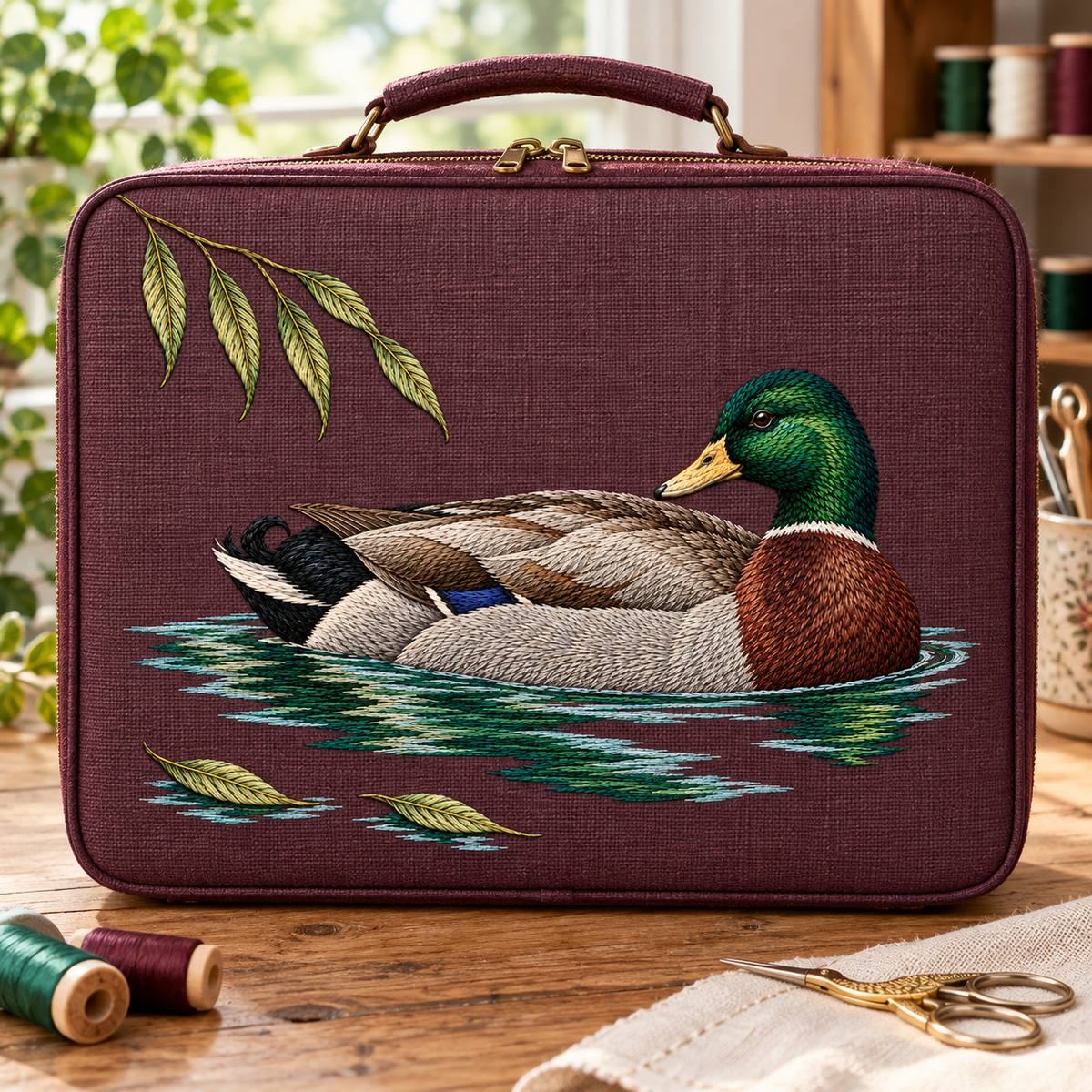 Mallard embroidery design in a digital mockup of rigid wine linen craft-case front, standing upright on a clean sewing desk with thread scissors to side; all design visible and level. Placement inspiration for Study 33.