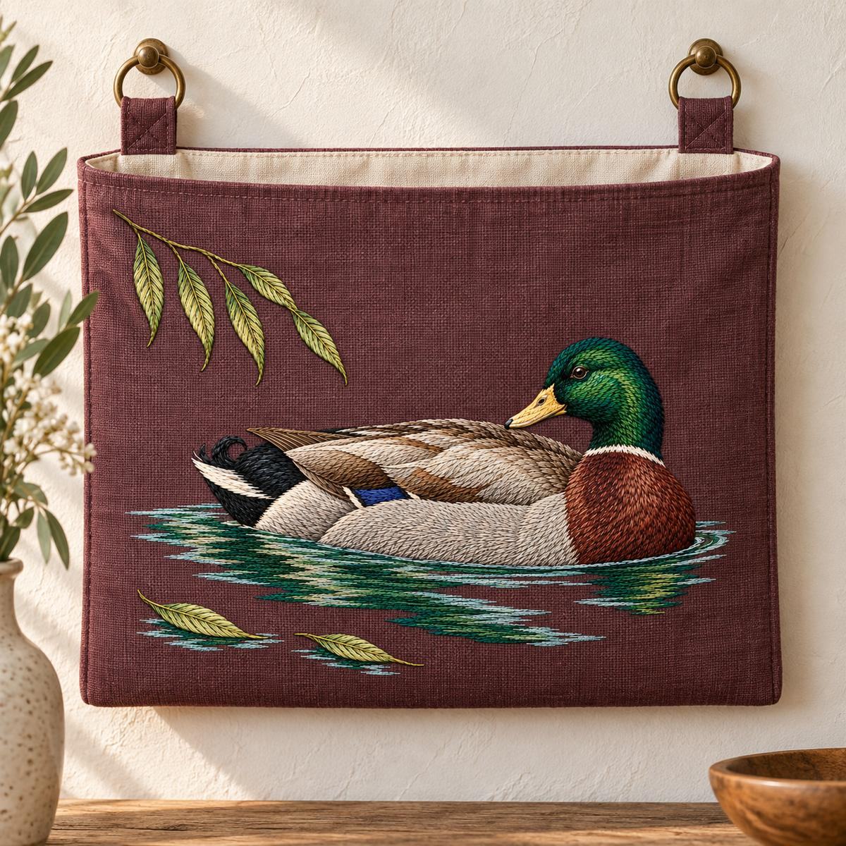 Mallard embroidery design in a digital mockup of finished wine linen wall pocket front, broad horizontal pocket backed by ivory canvas, mounted with two subtle brass rings on pale plaster; front-on, empty pocket no bulging. Placement inspiration for Study 33.