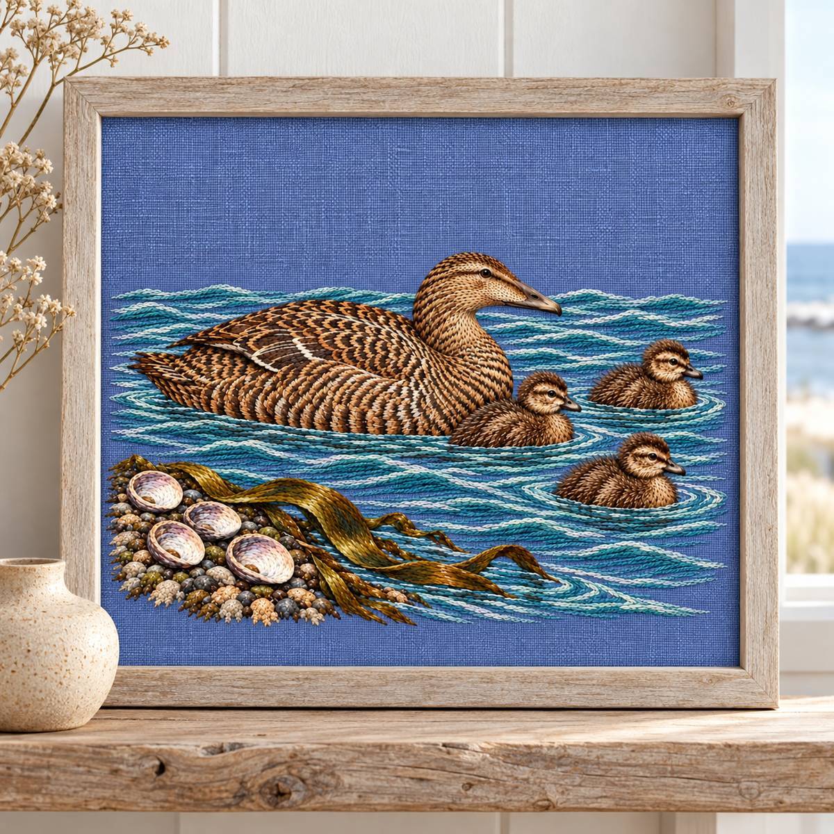 Eider and Chicks embroidery design shown in a digital mockup of lavender-blue linen framed textile on a low driftwood shelf in a coastal cottage, frontal view, small ceramic sand-coloured vessel nearby. Study 34.