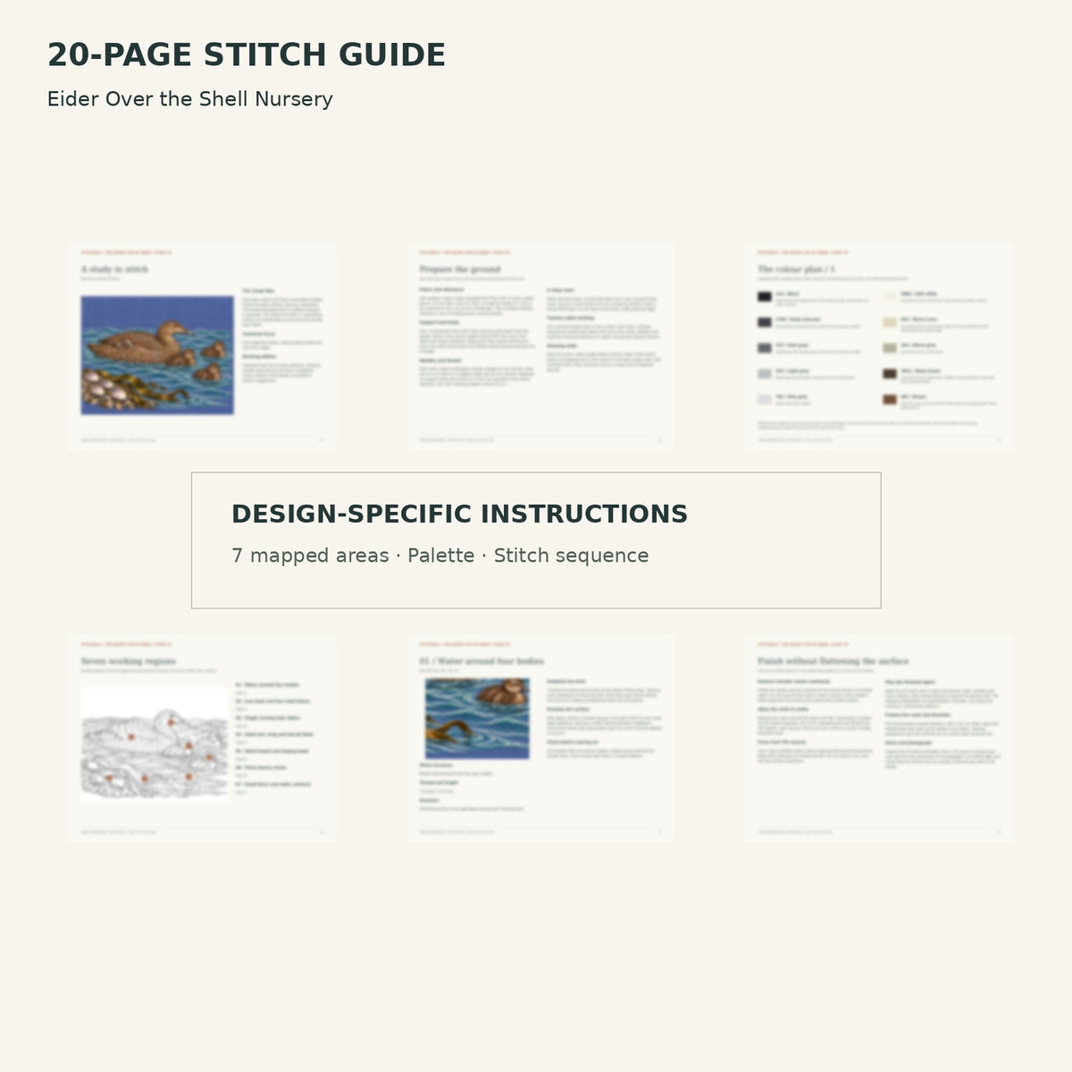 Protected page overview of the 20-page Eider and Chicks stitch guide, including its numbered map, suggested palette and working sequence.