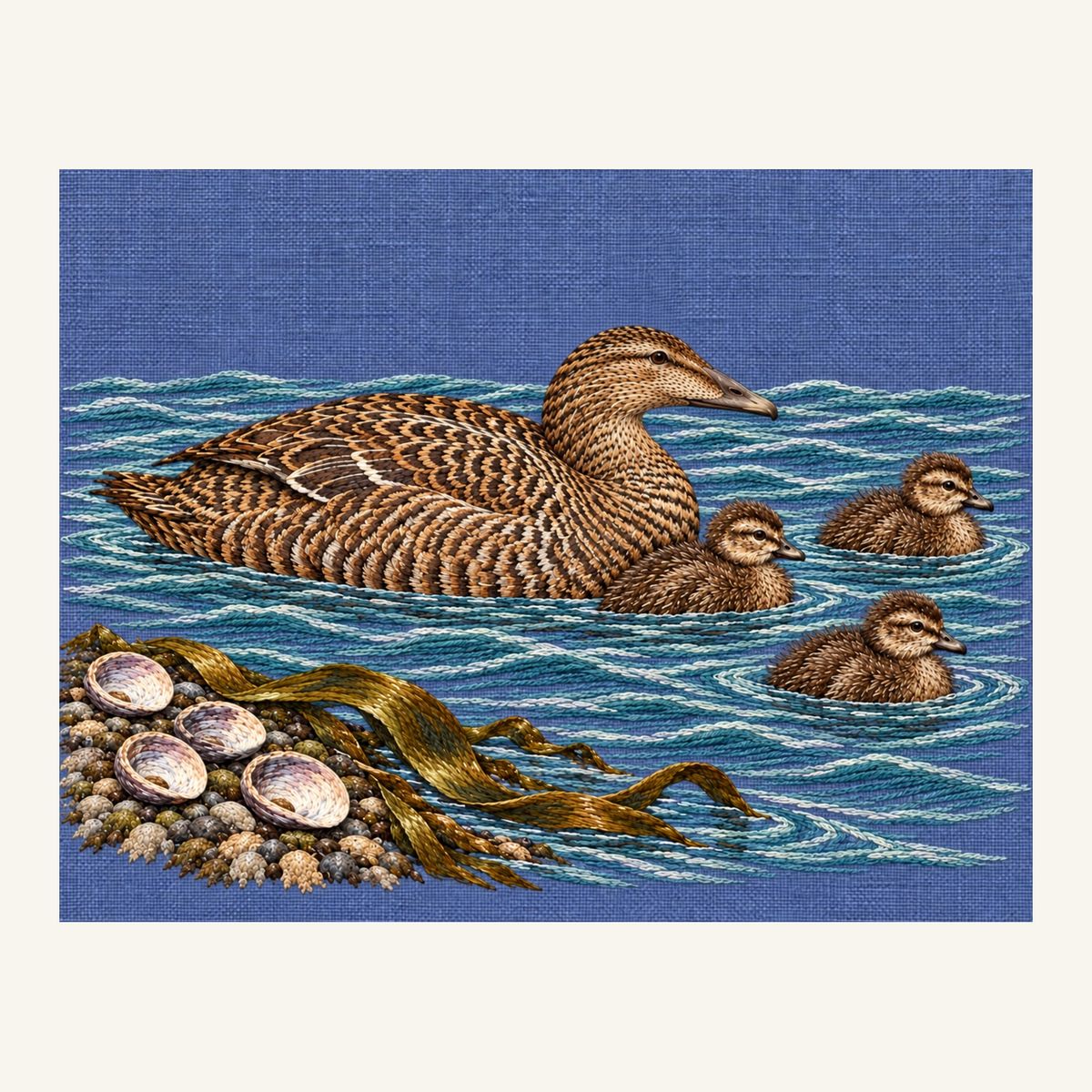 Digital embroidery reference showing an eider and three chicks beside shells on smoky lavender-blue linen, landscape composition.