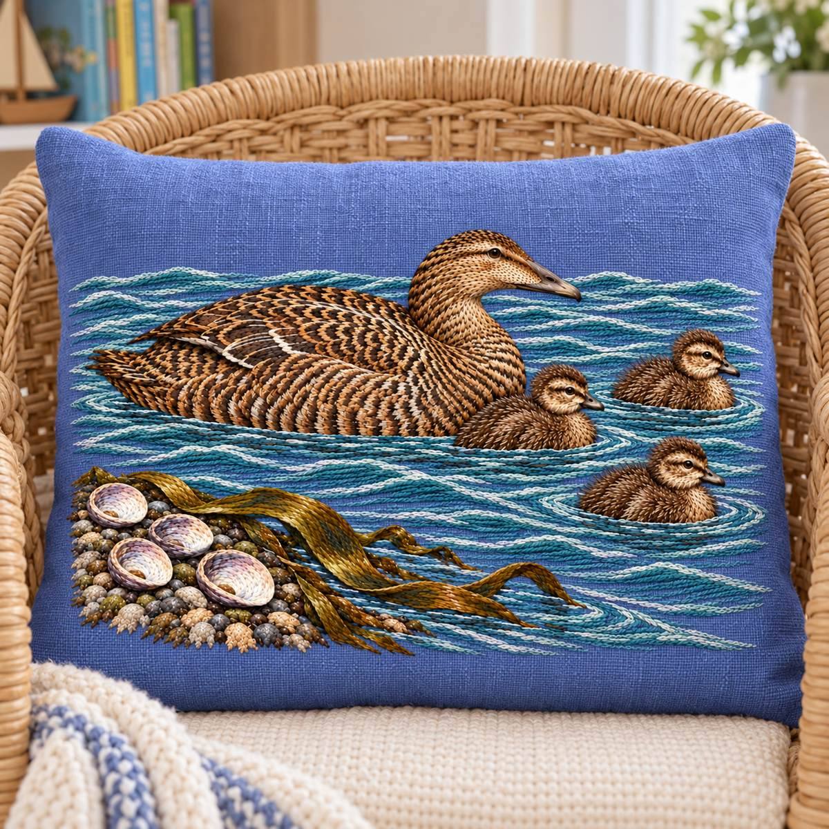 Eider and Chicks embroidery design in a digital mockup of lavender-blue linen rectangular cushion on a woven child-size reading chair, near-frontal close view, gentle shallow fill; all four birds visible. Placement inspiration for Study 34.